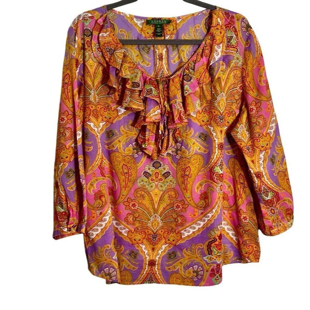 Lauren Ralph Lauren cotton boho multi print bright ruffle blouse XL - Picture 12 of 12